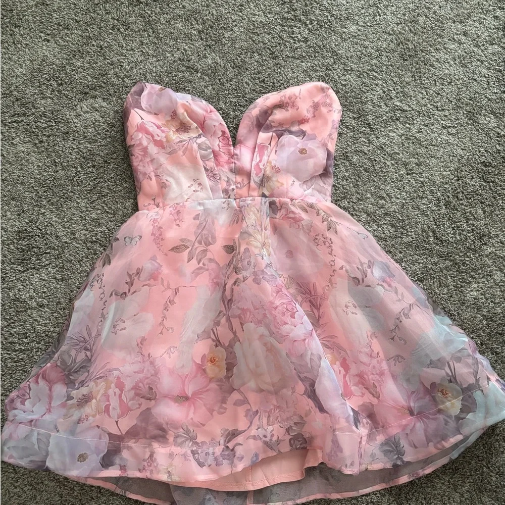 Gem Deep Sweetheart Neckline Mini Dress Floral Pink - Picture 3 of 4